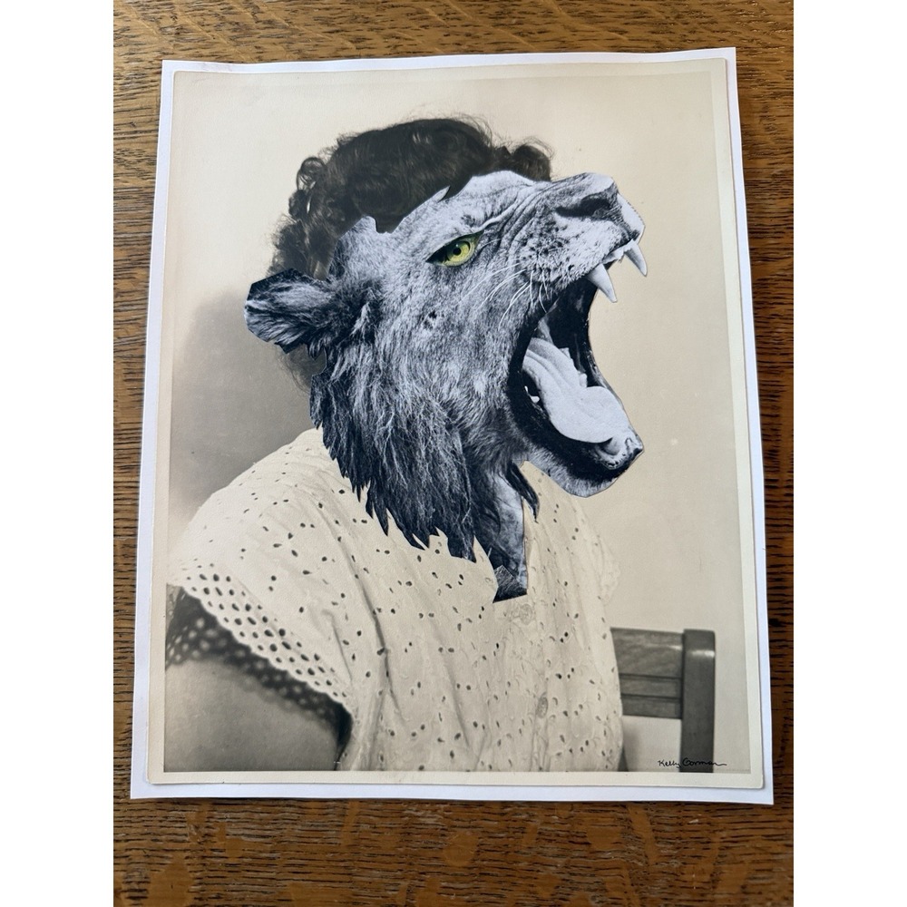 Lion Woman Roar - Original Collage Portrait OOAK Art Mixed Media